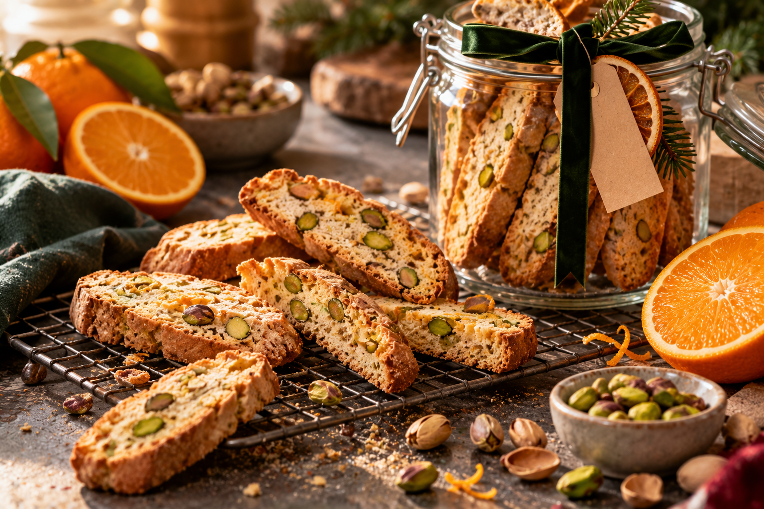 orangen-pistazien-cantuccini-geschenk.jpg Selbst gebackene Cantuccini mit Pistazien und Orange neben einer Glasdose.