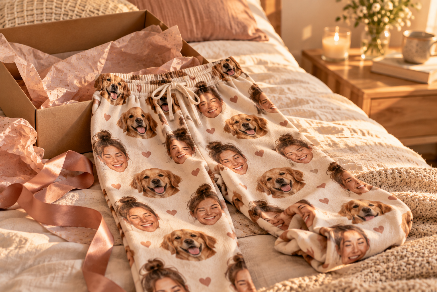 Lustige personalisierte Pyjamahose Pyjamahose mit persönlichen Gesichtsmotiven neben einer geöffneten Geschenkbox