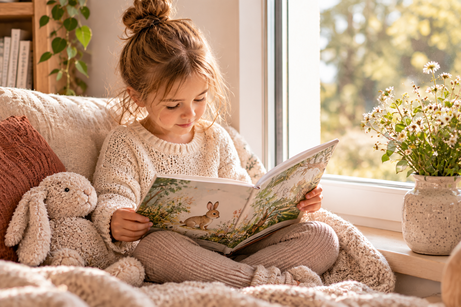 Personalisiertes Kinderbuch als Geschenk Kind liest ein illustriertes Bilderbuch in einer gemütlichen Leseecke