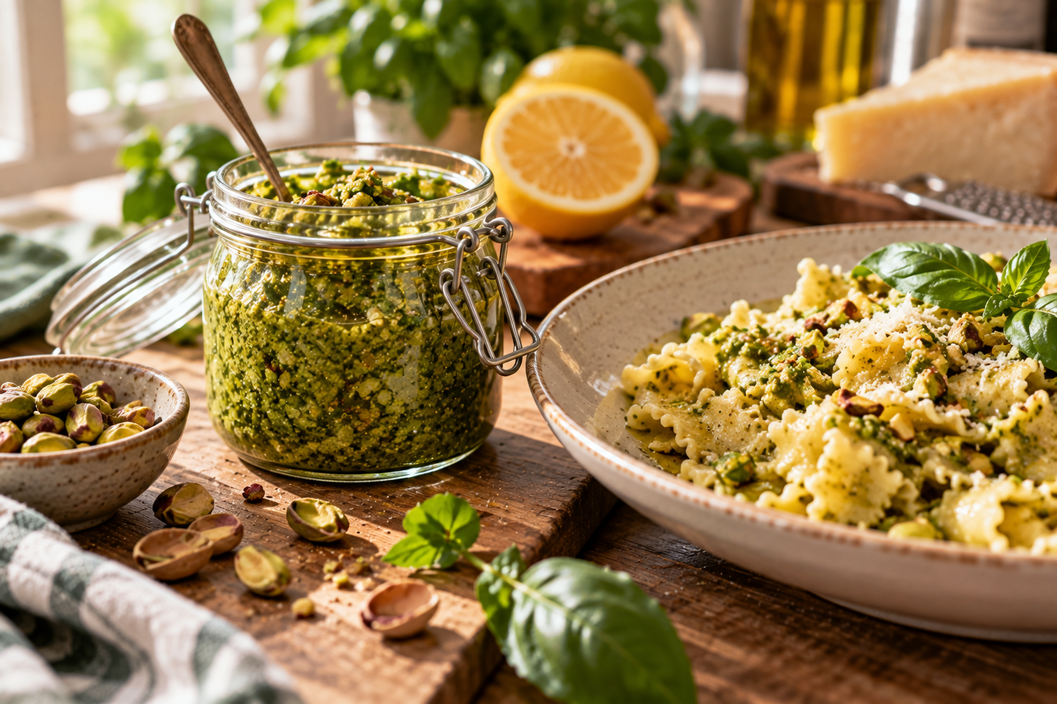 Pistazien-Zitronen-Pesto Grünes Pistazien-Pesto im Glas neben einem Teller Pasta.