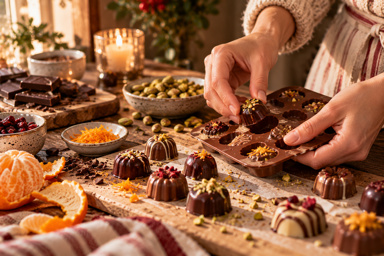 Pralinen zum Nikolaus selber machen Hände lösen selbst gemachte Pralinen aus einer Form neben Schokolade und Pistazien.