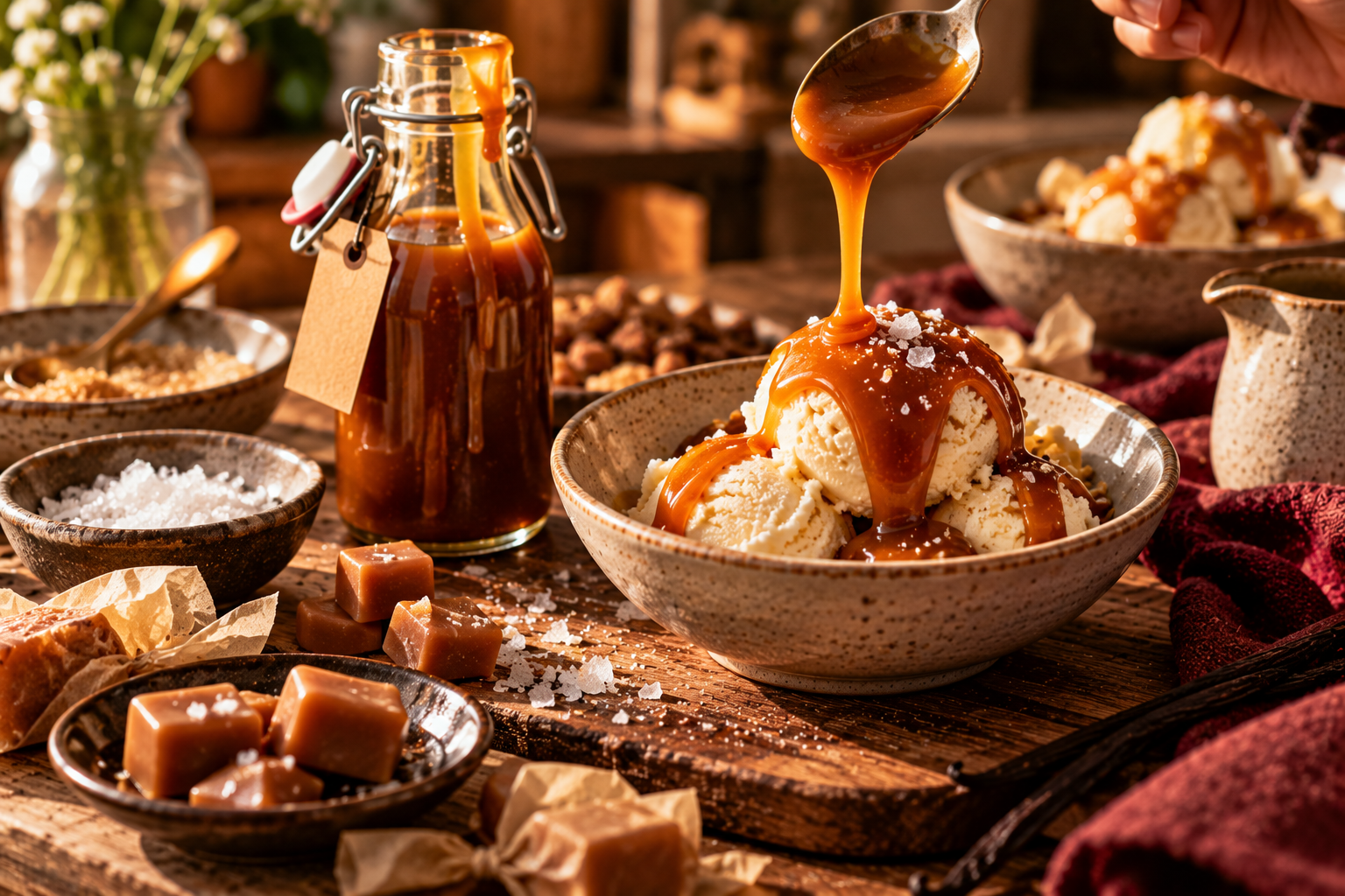 Salzkaramell mit Tonkabohne Goldene Salzkaramellsauce wird über Vanilleeis gegossen.