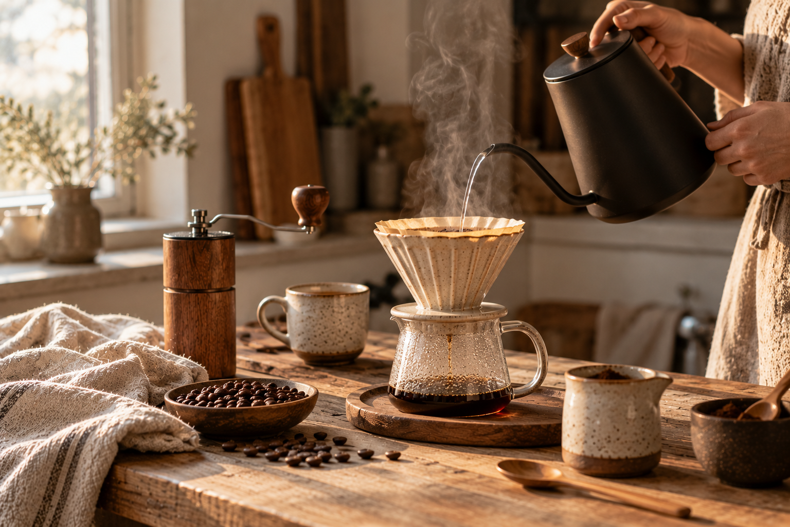 Hände gießen heißes Wasser aus einem Schwanenhals-Wasserkocher über frisch gemahlenen Filterkaffee.