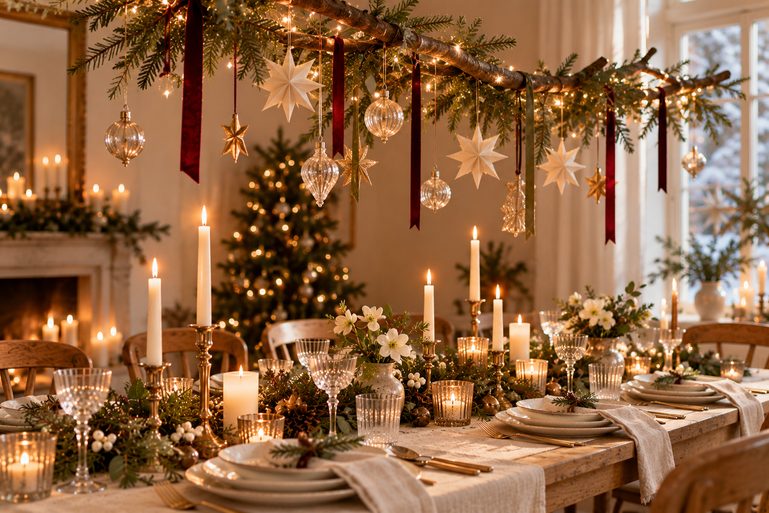 Schwebende Weihnachtsgirlande über der Festtafel Schwebende Weihnachtsgirlande mit Papiersternen und Lichterkette über einem festlich gedeckten Esstisch