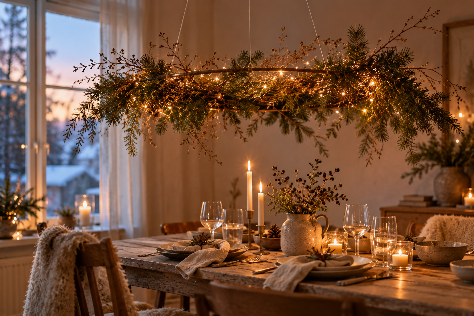 Schwebender Weihnachtskranz mit Licht Horizontal aufgehängter Weihnachtskranz aus Zweigen und Tannengrün mit kleinen warmweißen Lichtpunkten über einem Holztisch.