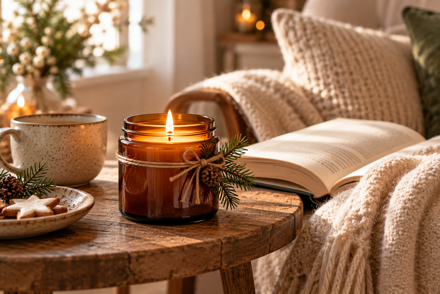 Selbst gegossene Kerze im Glas als Weihnachtsgeschenk Selbst gemachte Kerze im bernsteinfarbenen Glas neben einem aufgeschlagenen Buch und einer Wolldecke.