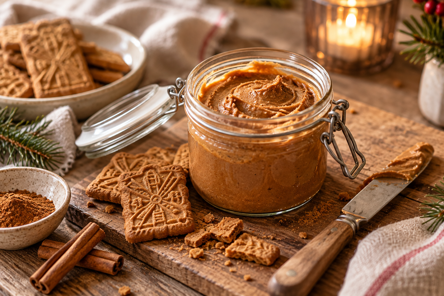 Selbst gemachte Spekulatius-Creme im Glas Glas mit selbst gemachter Spekulatius-Creme neben Spekulatiuskeksen und einem kleinen Buttermesser.