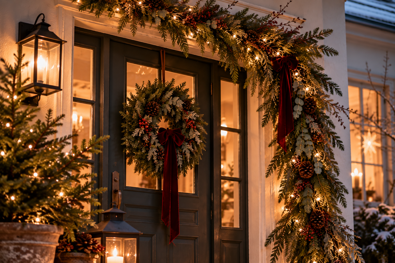 Tannengirlande für die Haustür Locker gebundene weihnachtliche Girlande aus Tanne, Kiefer und Zweigen an einer Haustür.