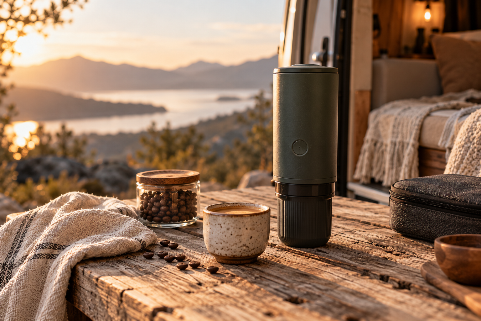 Kompakte tragbare Espressomaschine und kleine Espressotasse auf einem Holztisch vor einem Wohnmobil.