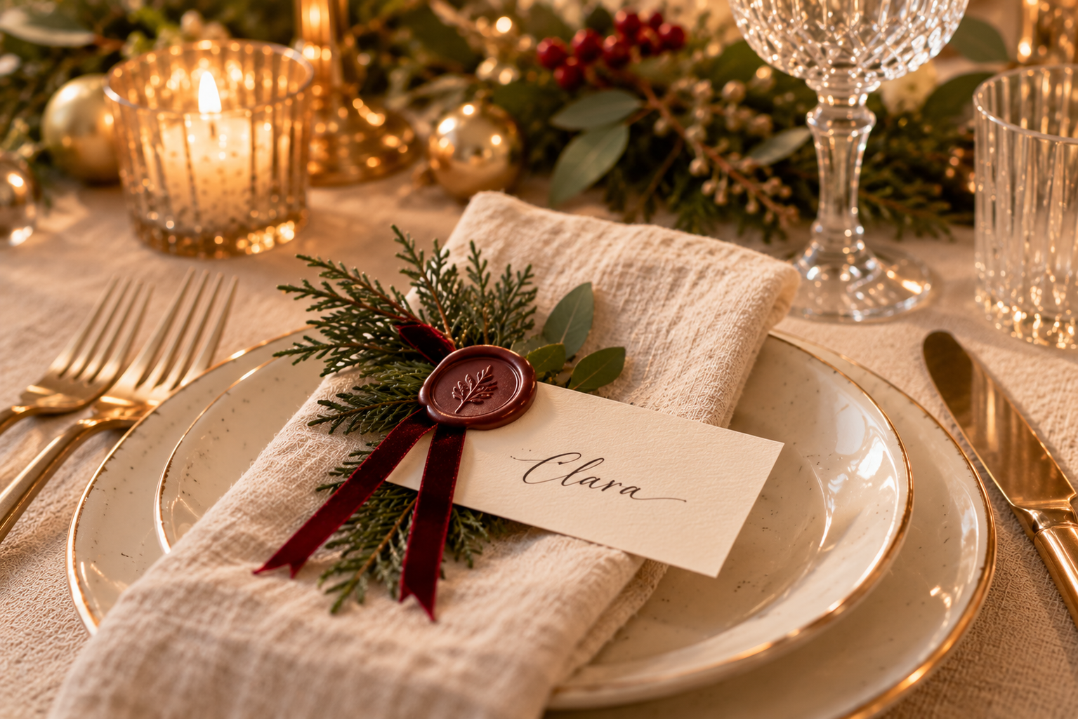 Weihnachtliche Namenskärtchen mit Wachssiegel Handgeschriebenes weihnachtliches Namenskärtchen mit rotem Wachssiegel auf einer Leinenserviette