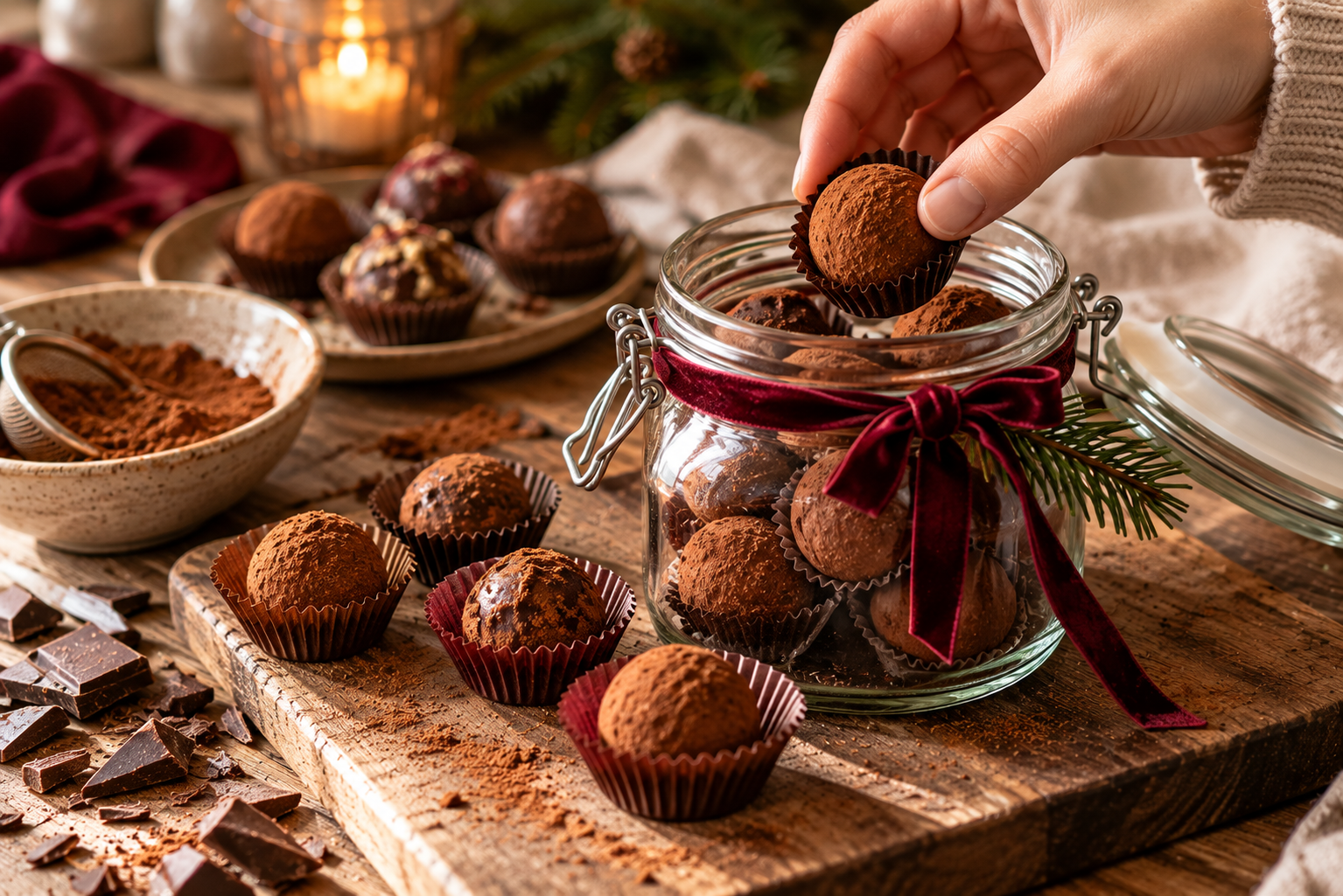 Weihnachtliche Pralinen im Glas selber machen Selbst gemachte Schokoladenpralinen mit Kakaopuder werden in ein kleines Geschenkglas gefüllt.