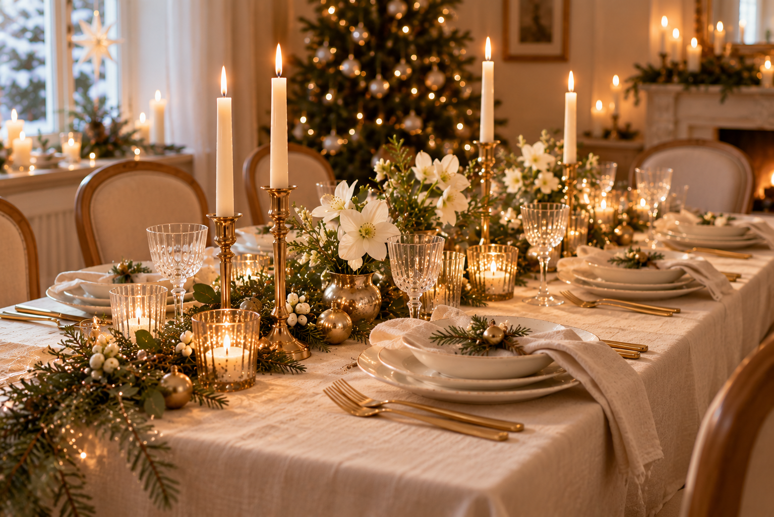 Elegante Weihnachtstafel in Creme und Gold Eleganter Weihnachtstisch mit cremefarbener Tischdecke, Porzellangeschirr und goldfarbenem Besteck