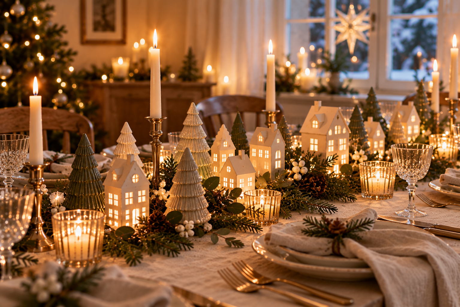 Winterliche Tischlandschaft mit beleuchteten Keramikhäusern Kleine beleuchtete Keramikhäuser und Tannen als winterliche Dekoration auf einem Weihnachtstisch