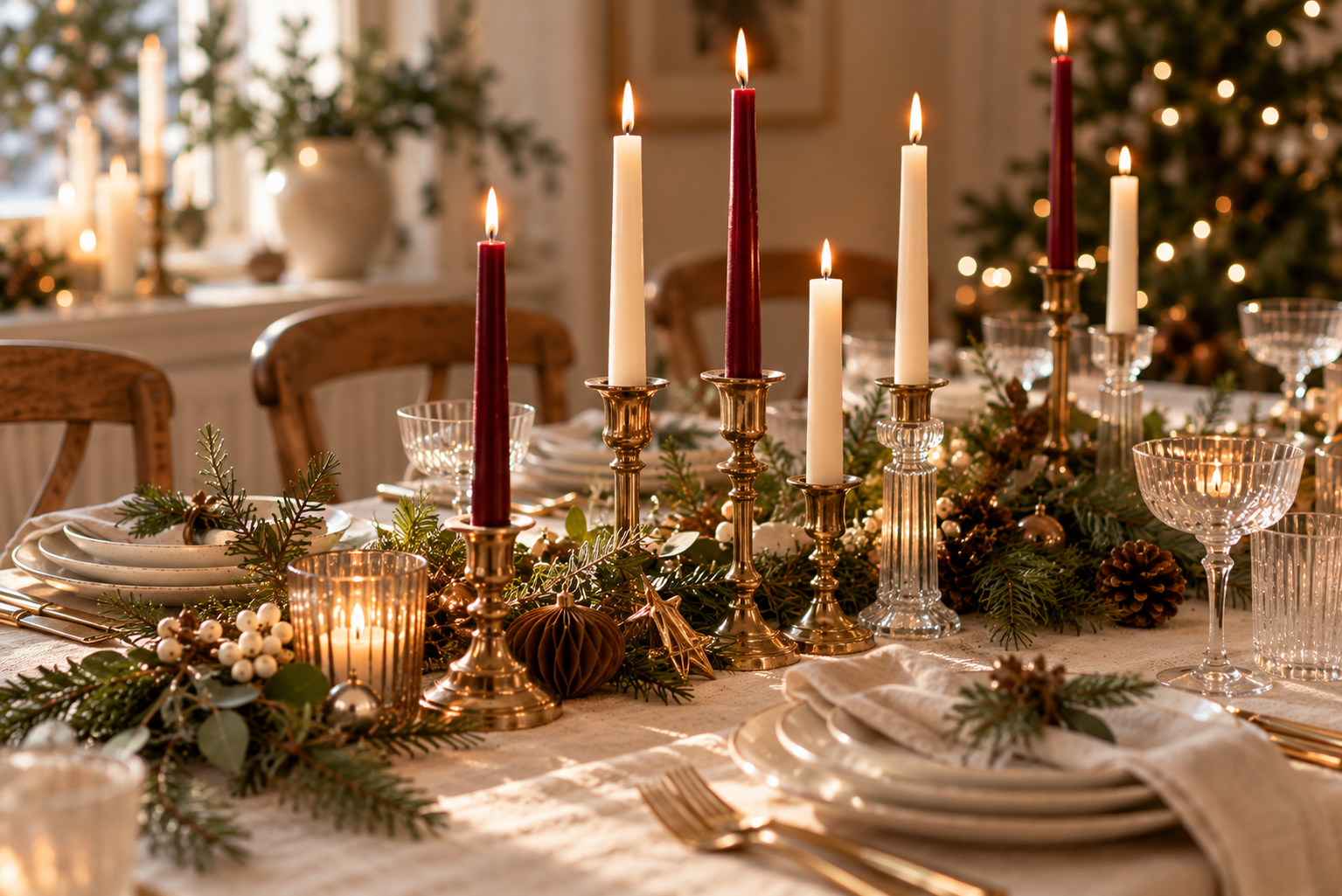 Festliche Tischdeko mit unterschiedlich hohen Kerzen Messing- und Glaskerzenhalter mit unterschiedlich hohen Stabkerzen auf einem Weihnachtstisch