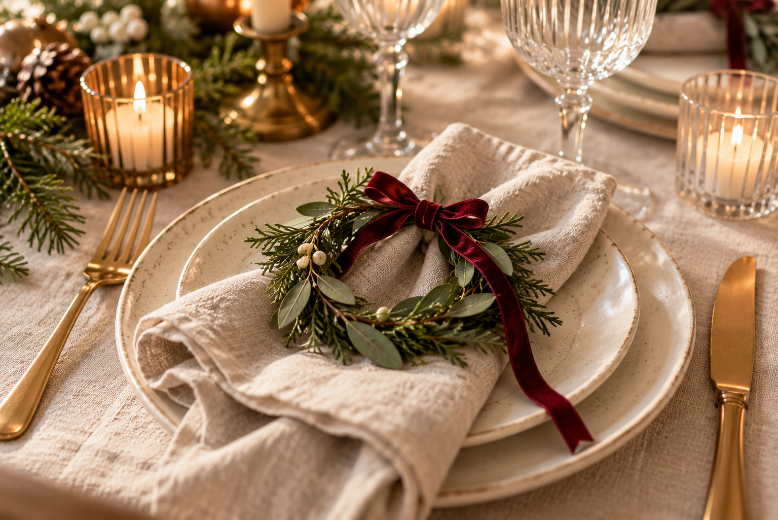 Kleine Weihnachtskränze als Serviettendekoration Kleiner grüner Weihnachtskranz mit Samtband auf einer Leinenserviette als weihnachtliche Tischdeko