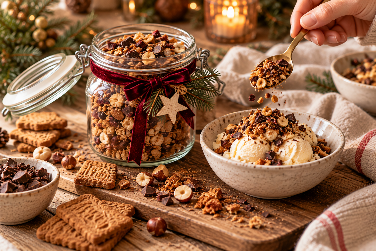 Weihnachtliches Dessert-Topping im Glas verschenken Selbst gemachtes Dessert-Topping aus Nüssen, Spekulatius und Schokolade wird über Vanilleeis gestreut.