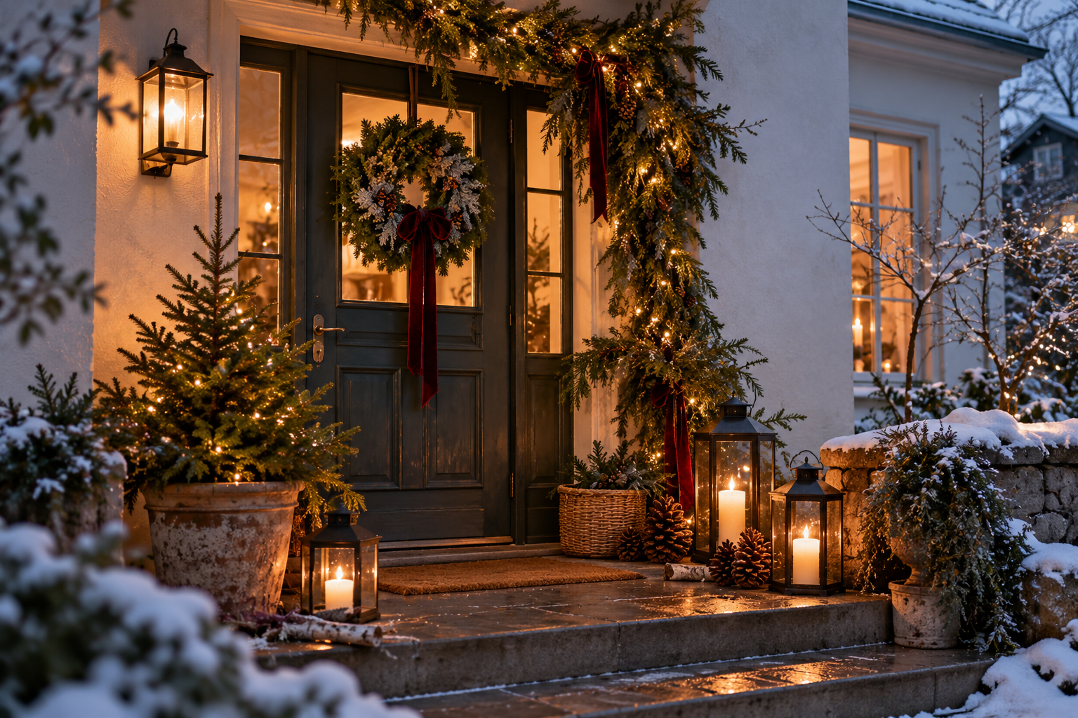 Weihnachtlicher Hauseingang mit Tannengirlande, kleinem Weihnachtsbaum und warm leuchtenden Laternen.