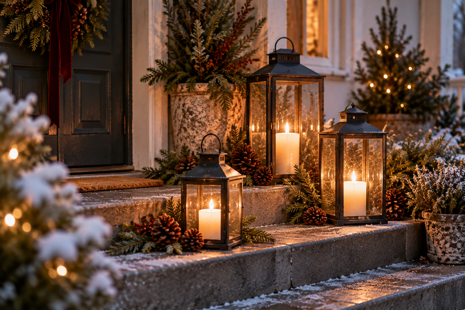 Weihnachtsdeko mit Laternen Drei unterschiedlich hohe Laternen mit warmem Licht und Tannengrün auf winterlichen Eingangsstufen.