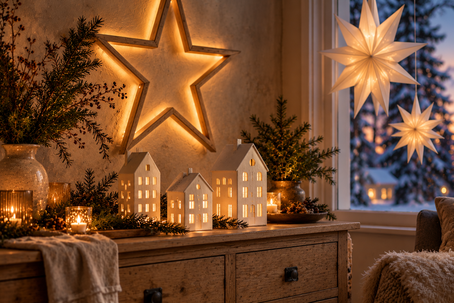 Selbst gemachte Lichthäuser aus Ton, ein beleuchteter Holzstern und Papiersterne in einer ruhigen weihnachtlichen Wohnszene.