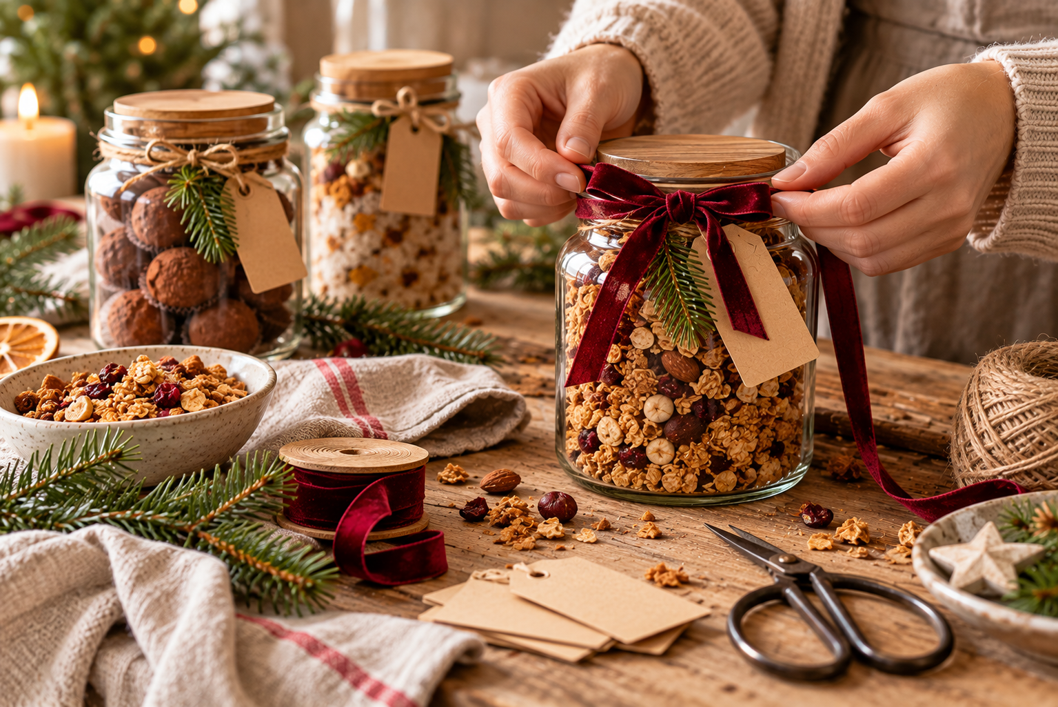 Kleine Weihnachtsgeschenke im Glas liebevoll verpacken Hände verzieren ein Glas mit selbst gemachtem Lebkuchen-Granola mit einem dunkelroten Samtband.
