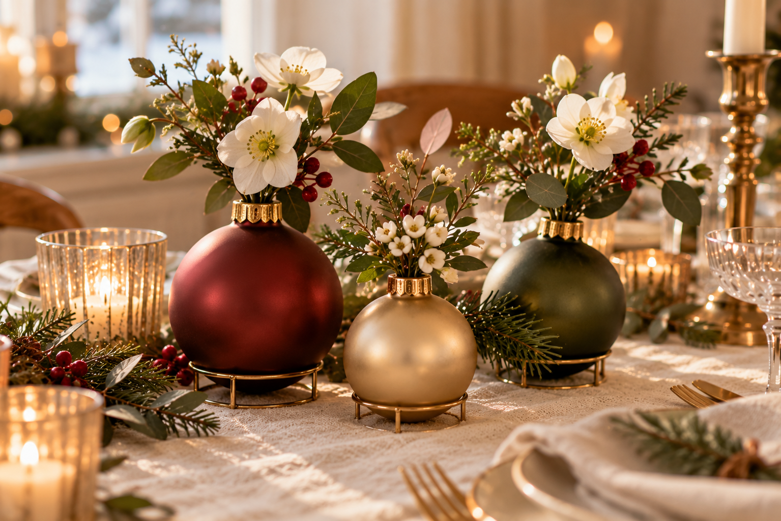 Weihnachtskugeln als außergewöhnliche Blumenvasen Große Weihnachtskugeln in gedeckten Farben als kleine Blumenvasen mit weißen Blüten