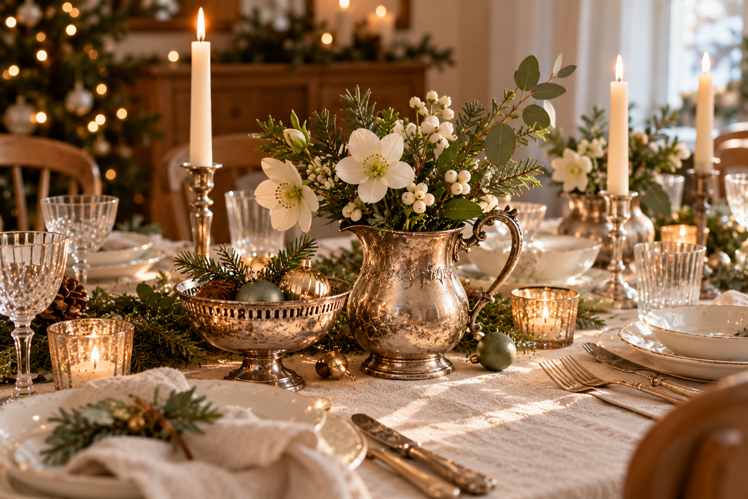 Weihnachtliche Tischdeko mit antiken Silberstücken Festlich gedeckter Weihnachtstisch mit antikem Silberkännchen, weißen Blüten und schlichtem Porzellan