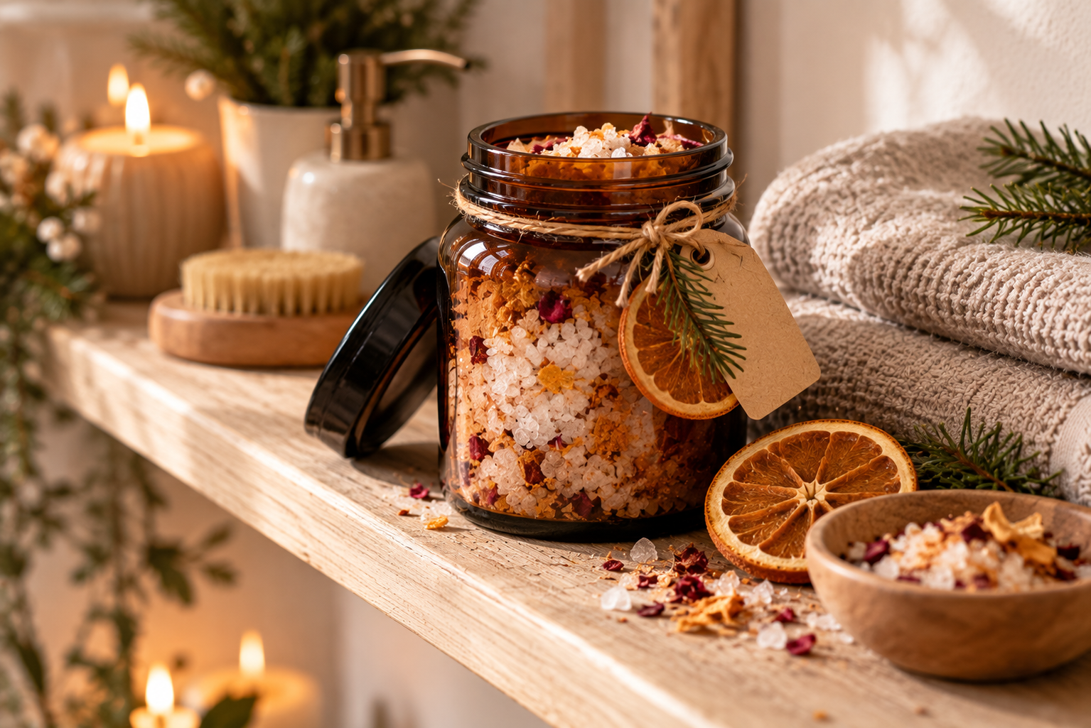 Winterliches Badesalz im Glas als Weihnachtsgeschenk Selbst gemachtes Badesalz im Braunglas mit Leinenhandtuch und getrockneter Orangenscheibe.