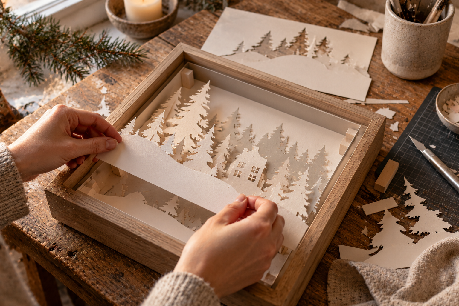 Winterliches Schattenbild aus Papier Hände setzen mehrere ausgeschnittene Papierebenen mit Tannen und Winterlandschaft in einem tiefen Rahmen zusammen.
